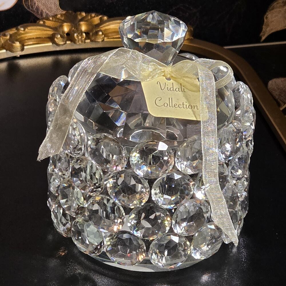 Vintage Vidali Crystal Trinket Box Diamond Cut Knob Handle Lid Rare Estate Find